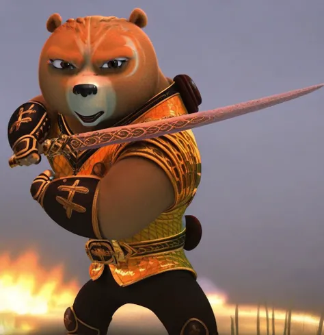 Wandering Blade, solo, 1 girl, Kung Fu Panda, Female Bear, perfect face and eyes, perfectly detailed, beautiful, Knight Armour, confident, simple background, upper body, holding a knight sword in her hands, fighting stance, fire behind 