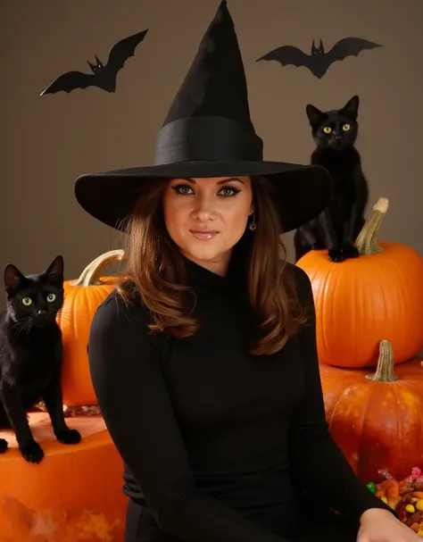 Stephanie Swift is a witch  with a hat and a turtleneck witchdress in an halloween scenery with pumpkins, candies, and black cats and fake bats. closeup face portrait<lora:Stephanie_Swift:0.9>