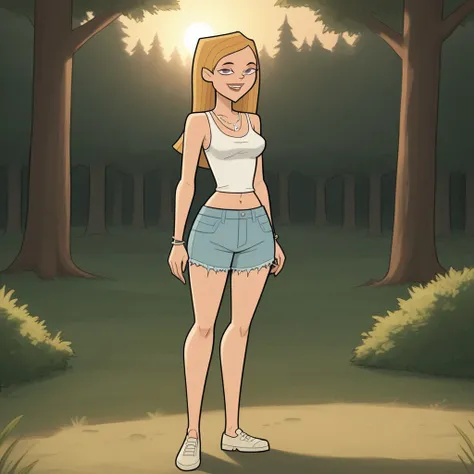 score_9, score_8, BREAK, solo, white tanktop, navel, denim shorts, bracelets, necklace, lips, Purple eyes, blonde hair, beige footwear, breasts, total drama, Julia_(Total_Drama), sexy pose, smile, outdoors, sunlight, shadows, evening lighting, natural ligh...