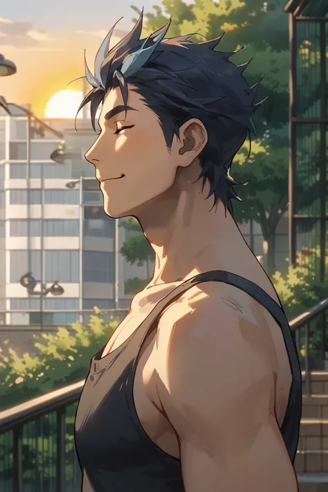 score_9, score_8_up, score_7_up, source_anime, rating_safe, afternoon, sunset, natural lighting, male focus, looking away, OgamiHTG, (black-greyish blue_Ogami_multicolored hair), closed eyes, tank top, closed mouth, happy, 1boy, blurry outdoors park, raili...