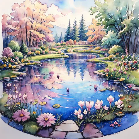 <lora:WatercolorSD1V2:1> arsmjstyle, watercolor, traditional media, pond