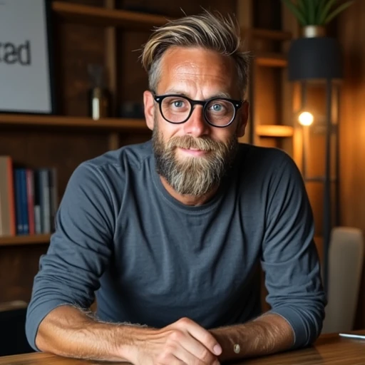 slightly smiling expression., light brown hair styled in a messy, round, thick-rimmed glasses that give him a studious appearance., with his hands resting on his hips. The man has a well-groomed beard and a neatly styled, This is a photograph of a man sitt...