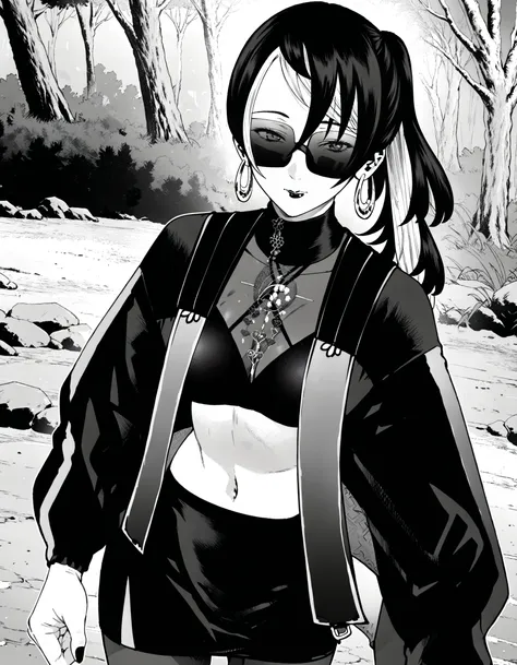 score_9, score_8_up, score_7_up, monochrome
BREAK 1girl, <lora:IrukoXL-v5:1>, iruko, two-tone hair, long hair, ponytail, sunglasses, eyes visible through eyewear, hoop earrings, lipstick, jacket, long sleeves, open jacket, stole, turtleneck shirt, see-thro...