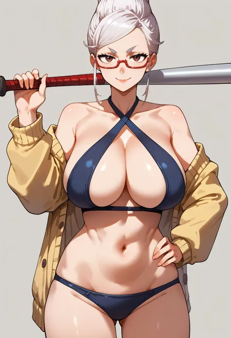 score_9,score_8_up,score_7_up, <lora:seika_ayase_dandadan_pdxl_goofy:1> seiko ayase,1girl, armpit crease,criss-cross halter,  bare shoulders, baseball bat, beehive hairdo, black swimsuit, breasts, brown eyes, cardigan, cleavage, collarbone, glasses, hand o...