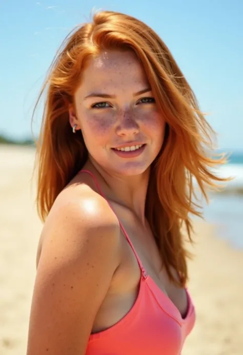 8k HDR Raw Photo of a petite 18 year old woman with red hair and freckles. at the beach on a sunny day, bare shoulders