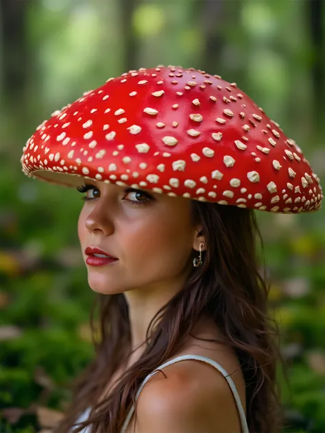 This is a portrait photography in the forest, the woman with a red poisonous fly umbrella mushroom hat, the sunlight through the leaves of the Tyndall light effect on the woman, this dreamy and hazy artistic effect as if a dream.