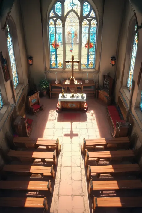 score_9, score_8_up, score_7_up, source_anime, rating_safe, day, natural lighting, church-interior focus, CandiCHURCH, CandiCHURCH_1stclutter, CandiCHURCH_2ndclutter, from above, negative space, scenery, intricately detailed illustration, depth of field, a...