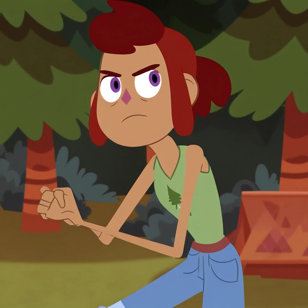 Gwen (camp camp), female, dark skin, purple eyes, casual clothing, angry, outside