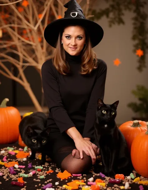 Stephanie Swift is a witch  with a hat and a turtleneck witchdress in an halloween scenery with pumpkins, candies, and black cats <lora:Stephanie_Swift:0.9>