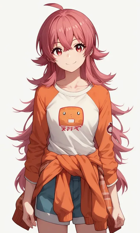 score_9, 1girl, solo, komiya kaho, pink red hair, long hair, ahoge, red eyes, smile, :d, shirt, shorts, looking at viewer, collarbone, long sleeves, jacket, plaid, orange jacket, hair between eyes, simple background, cowboy shot, jacket around waist, sweat...