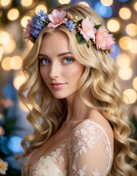 Create a realistic photograph of a young woman with long, wavy blonde hair, adorned with a delicate floral crown made of soft pink flowers. She has bright blue eyes that sparkle with a gentle allure and a subtle smile that conveys warmth and tranquility. T...