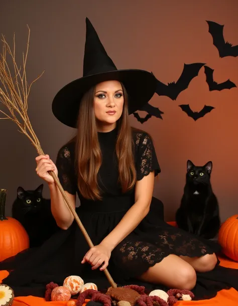 Stephanie Swift is a witch  with a hat and a turtleneck witchdress in an halloween scenery with pumpkins, candies, and black cats and fake bats<lora:Stephanie_Swift:0.9>