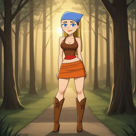 score_9, score_8, BREAK, solo, cleavage, red undershirt, brown tanktop, midriff, navel, orange skirt, bandana, brown high heel boots, blonde hair, long hair, blue eyes, big breasts, total drama, Lindsay_(Total_Drama), cute, sexy pose, smile, outdoors, sunl...