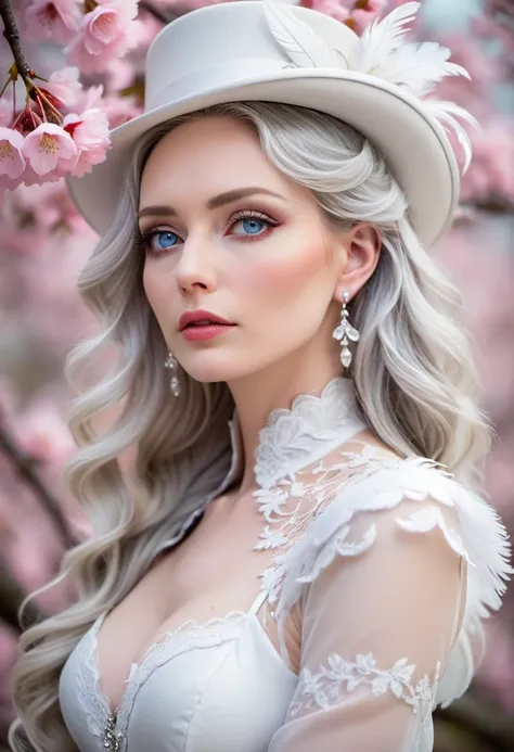 upper body and head portrait of a young woman, soft focus, delicate features, long wavy silver hair adorned with white feathers, wearing an elegant white top hat with embellishments, intricate white floral attire with lace details, large drop earrings, pal...