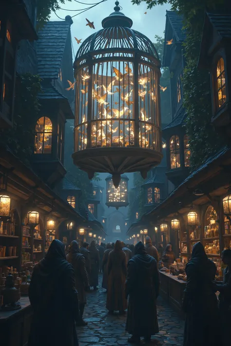 A bustling, magical marketplace illuminated by lanterns and glowing with golden light from a massive birdcage suspended above, filled with hundreds of tiny glowing creatures fluttering around. The scene takes place in a narrow, cobblestone street lined wit...