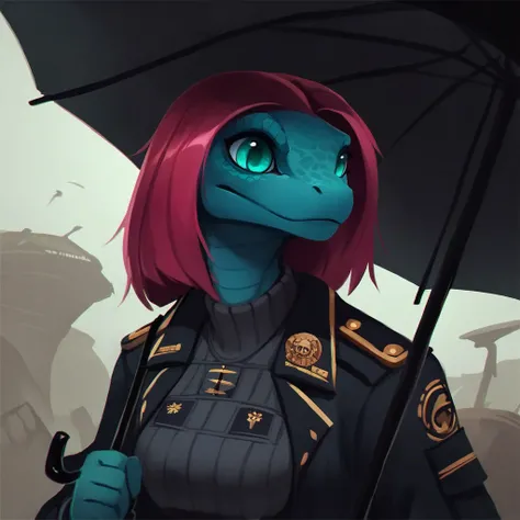 <lora:Zolombo_Style_PonyXL:0.65> zolombo,   score_9, score_8_up, score_7_up, score_6_up, score_5_up, score_4_up, source_furry, rating_safe, monitor lizard, magenta hair, teal eyes, navy body, clothed, clothing, background, under an umbrella, leaning on edg...