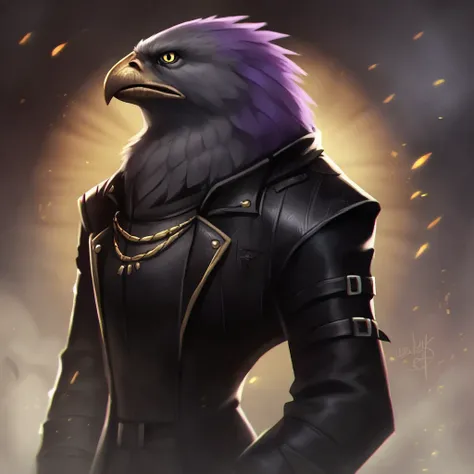 <lora:Zolombo_Style_PonyXL:0.65> zolombo,   score_9, score_8_up, score_7_up, score_6_up, score_5_up, score_4_up, source_furry, rating_safe, eagle, purple hair, yellow eyes, gray body, clothed, clothing, detailed background, in a dimly lit nightclub, leanin...