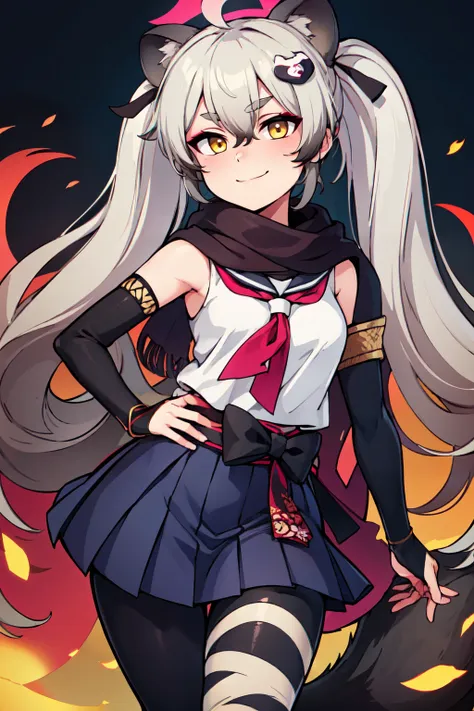 ((masterpiece,best quality)), absurdres,  BREAK, , <lora:Michiru_BlueArchive_Citron:0.8>,, zzMichiru, animal ears, grey hair, long hair, raccoon ears, raccoon girl, halo, twintails, yellow eyes, hair between eyes, multicolored hair, tail, raccoon tail, hai...