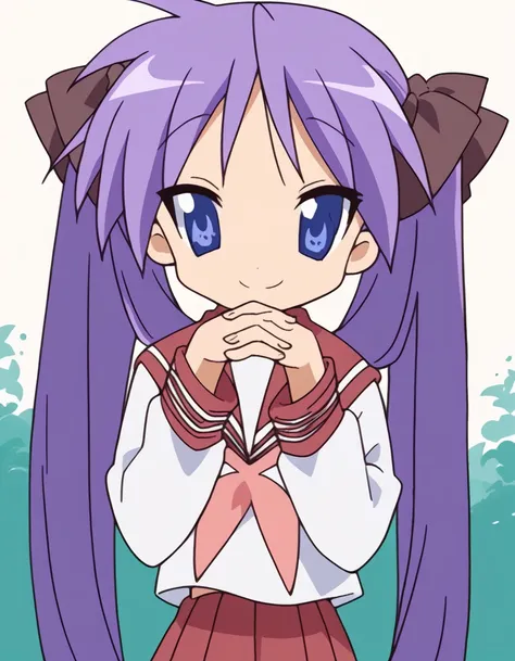 score_9, score_8_up, score_7_up, source_anime, <lora:kagami-hiiragi-s1-ponyxl-lora-nochekaiser:1>, kagami hiiragi, long hair, blue eyes, ribbon, twintails, hair ribbon, purple hair,, skirt, long sleeves, school uniform, pleated skirt, serafuku, sailor coll...