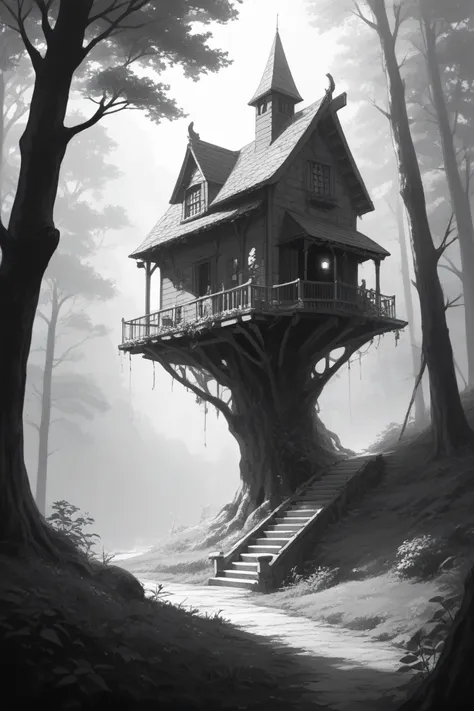 a black and white photo of a house in the woods