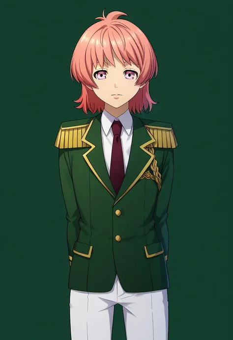 score_9, score_8_up, score_7_up, source_anime, highly detailed, 
Saionji, 1boy, male focus, solo, pink hair, pink eyes, epaulettes, uniform, jacket, green jacket, necktie, red necktie, pants, white pants,
indoor,