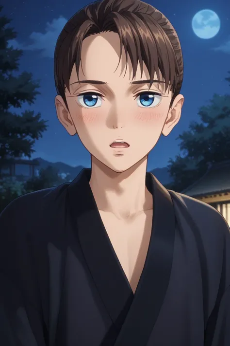 score_9, score_8_up, score_7_up, score_6_up, score_5_up, score_4_up, yukiya, brown hair, blue eyes, japanese clothes, black kimono, 1boy, male focus, blush, solo, night, open mouth, looking at viewer, anime coloring, sky, tree