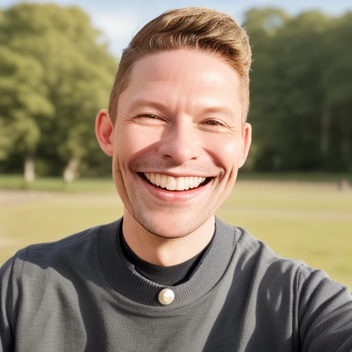 looking at viewer, simple background, blurry, grin, solo, watch, smile, multiple boys, outdoors