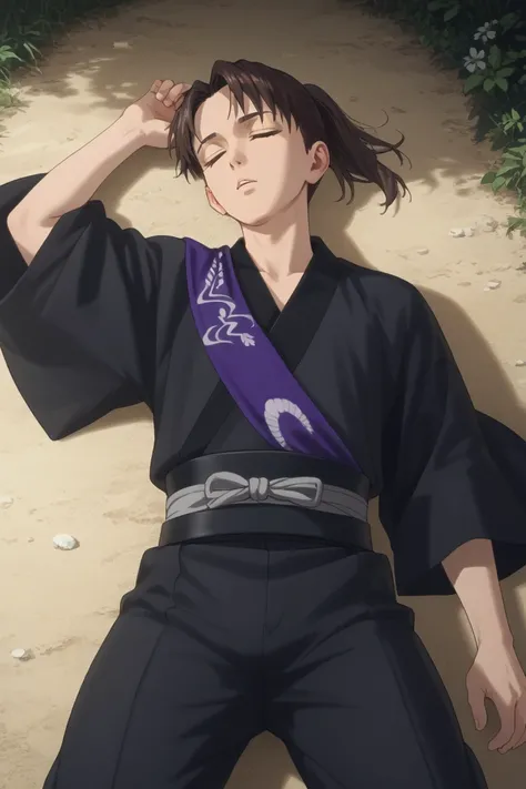 score_9, score_8_up, score_7_up, score_6_up, score_5_up, score_4_up, yukiya, brown hair, blue eyes, japanese clothes, black kimono, 1boy, male focus, lying, on back, solo, closed eyes, black pants, pants, on ground, long sleeves, grey belt, parted lips, ou...