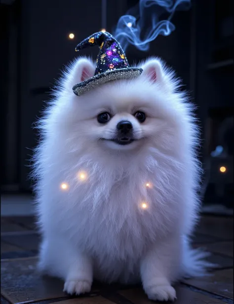 A snow-white Pomeranian transformed into an adorable Halloween spirit guide, their cloud-like fur glowing with an ethereal moonlit aura. Their naturally fluffy coat resembles a miniature cumulus cloud tinged with subtle purple and blue ghostly highlights. ...