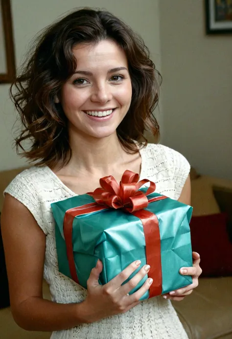 photo of a woman holding a present, casual, happy, compression artifacts, detailed, film grain, raw, real life photo, amateur, traditional media