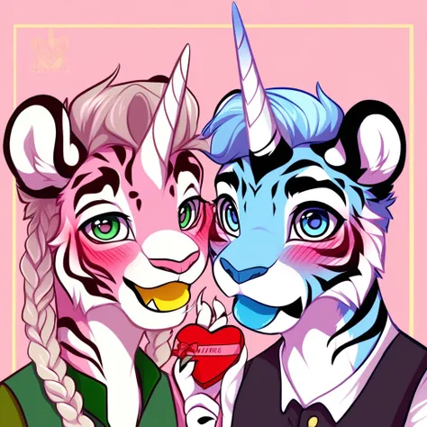 valentines, single horn, 2boys, vest, multiple eyes, lioness, simple background, tiger, twin braids, colored tongue, doe, icon, pacevanrign, blush