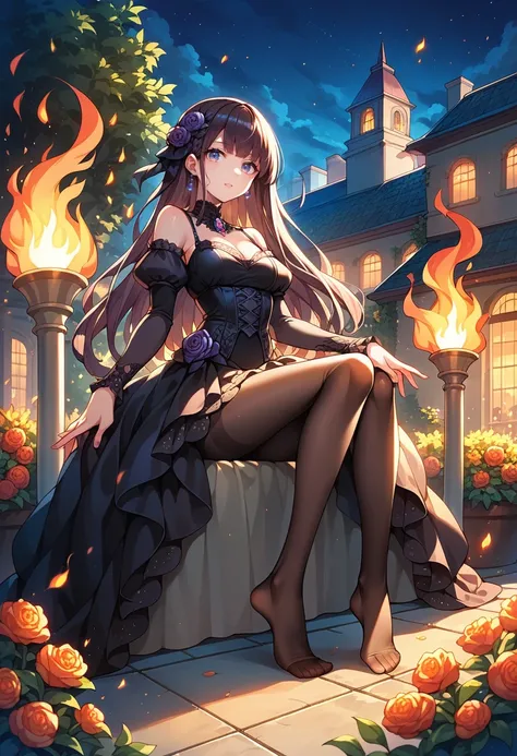 (score_9), score_8_up, highres, 1girl, anime,  elegant gothic dress, garden, sitting, dynamic pose, pantyhose, no shoes, ((fire)), evening, night, building on fire