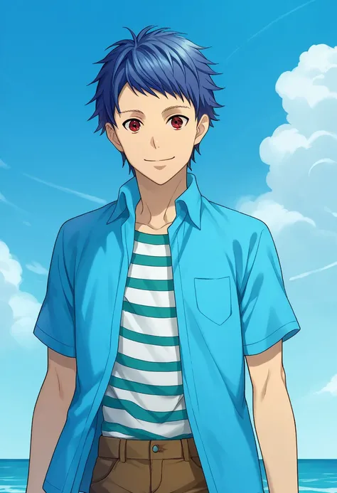 score_9, score_8_up, score_7_up, source_anime, highly detailed, 

Ichijou, 1boy, male focus, solo, blue hair, short hair, red eyes, shirt, blue shirt, short sleeves, open shirt, open clothes, striped, striped shirt, smile, brown pants, closed mouth

outdoo...