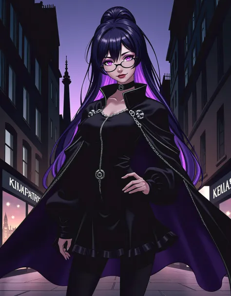 anime girl with purple hair and glasses standing in a dark alley, cyber future jacket, elaborate long black hairstyle, paris background, metal chain and black cape, anime key visual of elegant