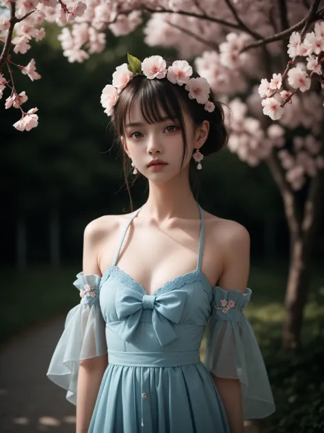 score_9, score_8_up, score_7_up, score_6_up, score_5_up, score_4_up, dark theme, 20YO, japanese beautiful girl, She wears a light blue dress and a floral crown on her head. (The background is a springtime cherry blossom avenue.)