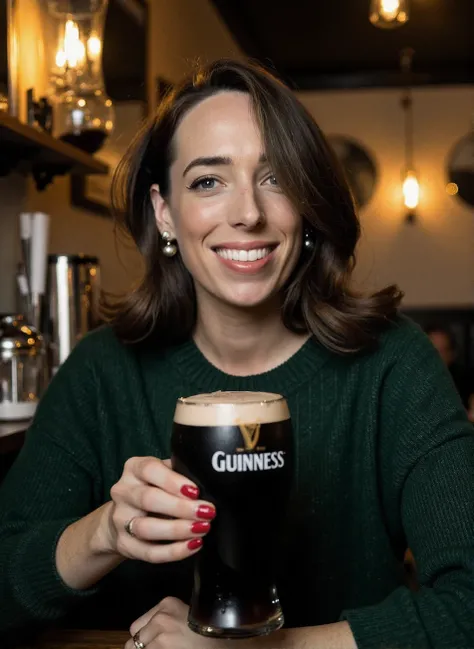 An exciting professional photograph taken on a Hasselblad 501CM of a 20yo young woman CiOD with brunette hair, smiling, wearing a dark green cable-knit sweater in an Irish pub, holding a pint of Guinness, pale skin, lipstick, detailed skin, bokeh, mellow l...