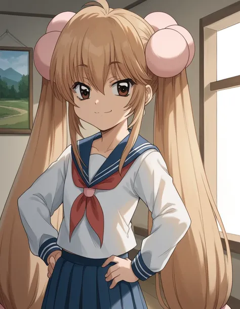 score_9, score_8_up, score_7_up, source_anime, <lora:rin-kokonoe-s1-ponyxl-lora-nochekaiser:1>, rin kokonoe, long hair, brown hair, hair ornament, twintails, brown eyes, very long hair, hair bobbles,, school uniform, serafuku, long sleeves,, museum, art ex...