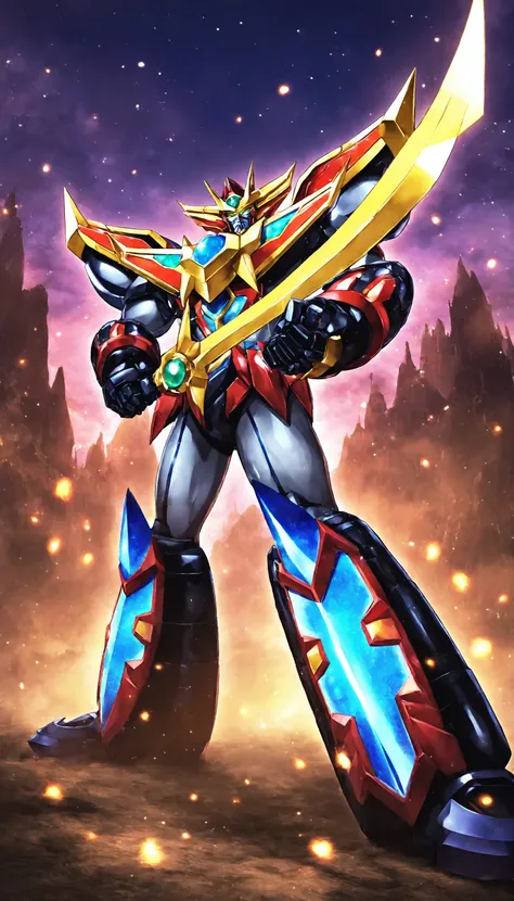 masterpiece,best quality,good quality,newest,(cinematic scene:1.5),(R-SRS:1.5),super robot,solo,(fantasy armor:1.2),(standing:1.5),(holding weapon:1.5),(battle effect:1.6),light particles,light trail,growing eyes,8k professional epic,<lora:srdxl_v2_7_7_for...