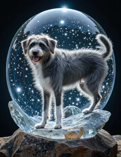A majestic Shepadoodle steps gracefully into a colossal crystal sphere, their grey and white coat shimmering with ethereal energy. As their paw touches the crystalline surface, ripples of iridescent light pulse outward like liquid starlight. Their fluffy f...