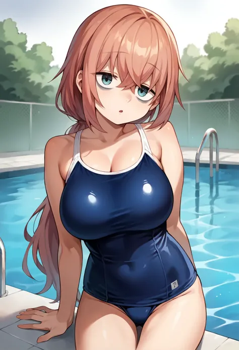 score_9, score_7_up, hd, (ultra hd quality details), source_anime, outdoors,
solo, 1girl, mmkomaro, long hair, low ponytail, large breasts, bags under eyes,
blue one-piece swimsuit, school swimsuit, 
blush, head tilt, open mouth, looking at viewer, express...