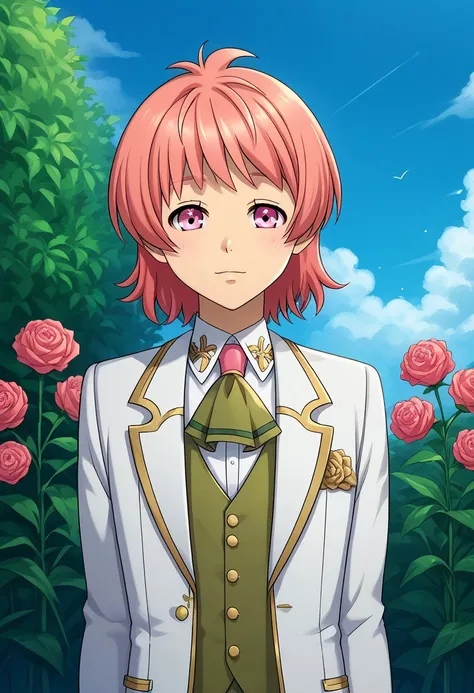 score_9, score_8_up, score_7_up, source_anime, highly detailed, 
Saionji, 1boy, male focus, solo, pink hair, pink eyes, formal, suit, ascot, jacket, white jacket, open jacket, open clothes, vest, green vest, shirt, white shirt, flower, rose,
outdoor, sky,