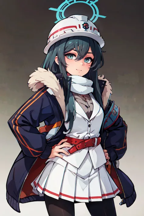 ((masterpiece,best quality)), absurdres,  BREAK, , <lora:Minori_BlueArchive_Citron:0.8>,, zzMinori, long hair, halo, hard hat, black hair, hair between eyes, white headwear, , helmet, jacket, long sleeves, open clothes, white scarf, white skirt, armband, b...