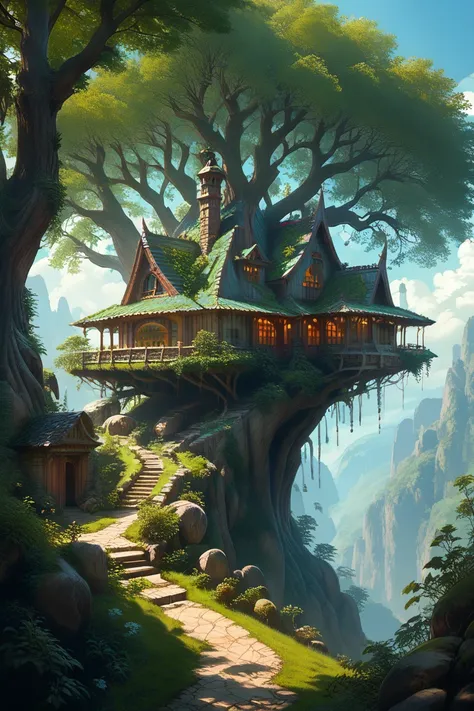 a painting of a tree house in the middle of a mountain