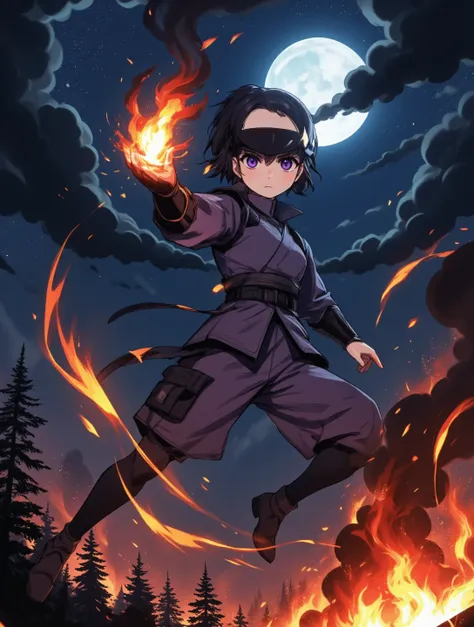 A datailed anime-style depiction of a fierce purple-eyed Ely Otta in a samurai outfit in mid-air, captured at the peak of her jump. She wears a sleek black mask, partially obscuring her intense expression. She carries fuming and smoking fireball in her han...
