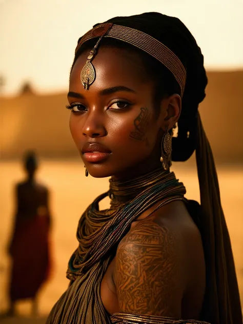 Create an over the shoulder portrait of a beautiful, Nubia woman, exposing her bare neck and shoulders, emphasizing the details of her skin, ornate hairpins, and intricate tattoos. She gazes directly at the viewer with an intense, alluring and sensual expr...