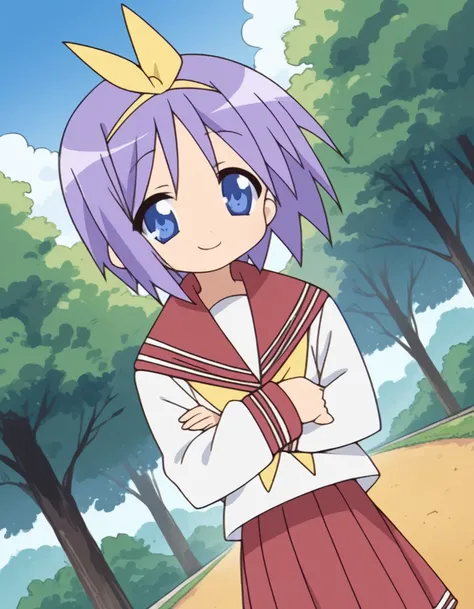 score_9, score_8_up, score_7_up, source_anime, <lora:tsukasa-hiiragi-s1-ponyxl-lora-nochekaiser:1>, tsukasa hiiragi, short hair, blue eyes, purple hair, hair ribbon, yellow ribbon,, skirt, long sleeves, school uniform, pleated skirt, serafuku, sailor colla...