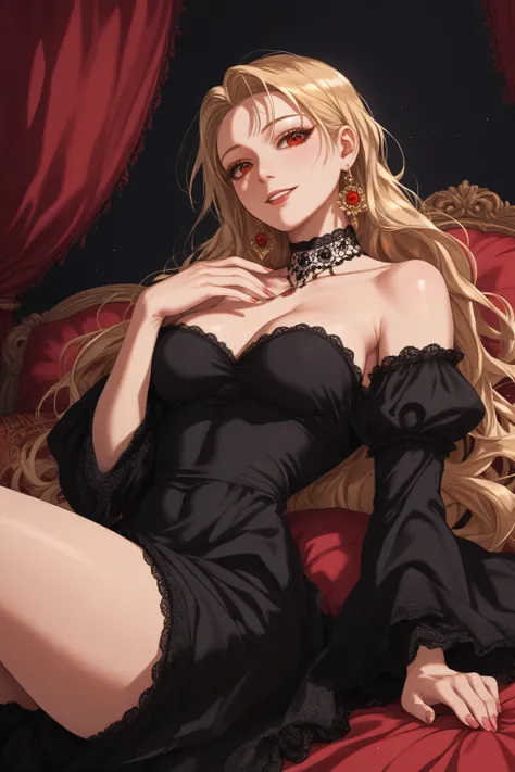 score_9, score_8_up, score_7_up, score_6_up, source_anime, <lora:Roxana Agrece v2-PonyXL-lora-Faxtron:1> roxana agree, red eyes, blonde hair, long hair, dress, reclining leisurely against a pile of pillows, one hand lazily caressing her own breast while th...