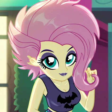 core_9, score_8_up, score_7_up, score_6_up, score_5_up, flutterpunk, cute, solo, crop top, 1girl, pink hair, bending over, upper body, 5 fingers, looking at viewer, bat print shirt, sleeveless, lips, purple lipstick, bedroom eyes, butt, torn jeans, navel, ...