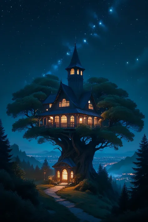 night scene of a tree house with a pathway leading to it