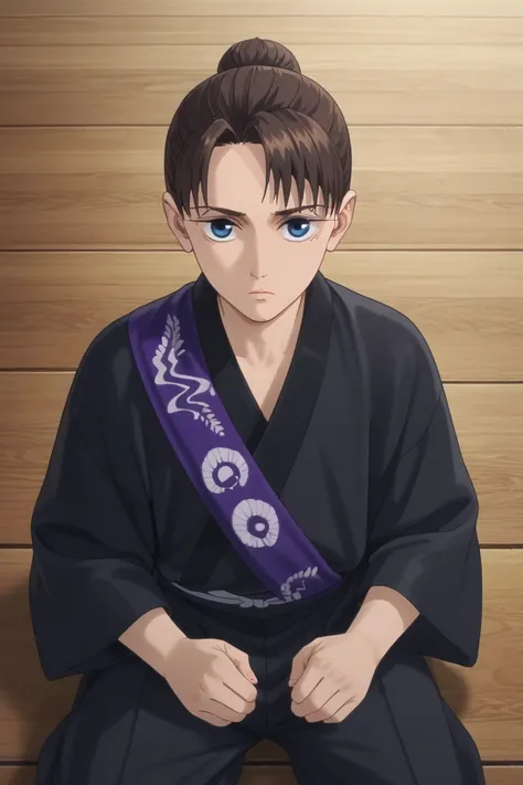 score_9, score_8_up, score_7_up, score_6_up, score_5_up, score_4_up, yukiya, brown hair, blue eyes, japanese clothes, black kimono, 1boy, solo, wooden wall, wooden floor, kimono, meme, sash, long sleeves, single hair bun, obi, hair bun, wide sleeves, prost...